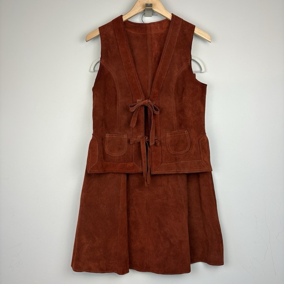 Vtg 70s Burnt Orange Suede Vest & Skirt 2 Piece Set Leather Boho Festival